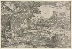 Paysage avec Saint Jérôme et deux lions, vers 1530-35 - Domenico Campagnola