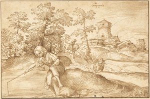 Paysage avec un Garçon Pêchant - Domenico Campagnola