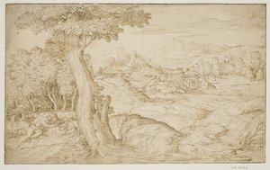 Paysage avec une ville et un berger endormi - Domenico Campagnola