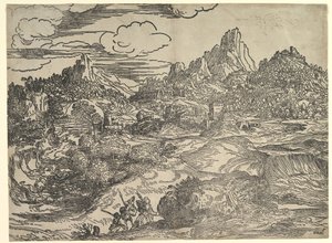 Paysage avec une famille marchant ensemble au premier plan, à gauche deux figures - Domenico Campagnola