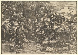 Marie assise sous les arbres avec bébé, flanquée de Joseph à gauche et de Saint Jérôme à droite, 1517 - Domenico Campagnola