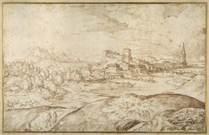 Paysage montagneux avec une rivière et une ville fortifiée avec une tour à flèche - Domenico Campagnola