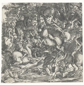 Hommes nus avec des lances à cheval en combat