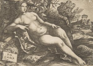 Femme nue Vénus allongée dans un paysage