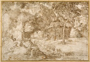 Pèlerins visitant Saint Jérôme dans le désert - Domenico Campagnola