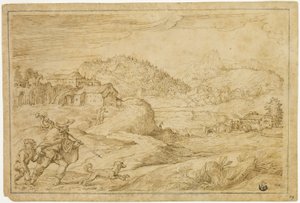 Paysage fluvial avec Saint Roch et un enfant voyageant avec un chien - Domenico Campagnola