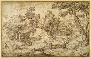 Paysage boisé avec une ferme et un pont en bois sur une écluse - Domenico Campagnola