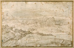 Paysage boisé avec une rivière sinueuse; au loin une ville, un mélange de flèches et de dômes avec des ruines antiques - Domenico Campagnola