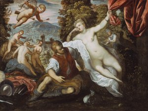 Vénus et Mars avec Cupidon et les Trois Grâces dans un paysage - Domenico Robusti Tintoretto