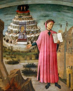 Dante Alighieri tenant son poème la Divine Comédie. Près de lui, l