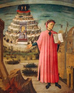 Dante Alighieri avec la Divine Comédie à la main et les montagnes du purgatoire en arrière-plan (détail) - Domenico di Michelino
