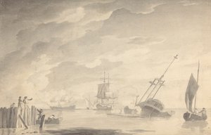 Scène de bataille, trois cuirassés, un en train de couler; figures à gauche dans une barque et sur une jetée - Dominic Serres