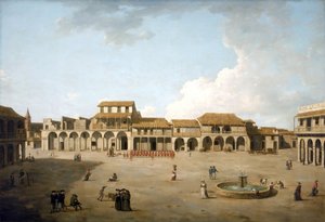 Place de La Havane (Cuba), août et septembre 1762, sous occupation britannique avec une troupe de soldats en uniformes rouges, description des bâtiments et quelques marins anglais près de la fontaine - Dominic Serres