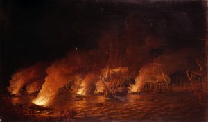 Guerre de Sept Ans (1756-1763) : Les navires de guerre français attaquent la flotte britannique au large de la ville de Québec (Canada) la nuit, le 28 juin 1759. Huile sur toile - Dominic Serres