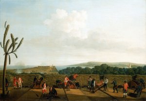 Guerre de Sept Ans (1756-1763) : La capture de La Havane (Cuba) en 1762, la batterie de canons britannique devant le château de Morro, installée sur une plateforme en bois, avec un parapet de protection, les artilleurs sont vêtus de bleu, à l