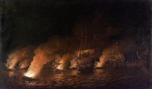 Guerre de Sept Ans (1756-1763) : navires de guerre français attaquant la flotte britannique au large de Québec (Canada) de nuit, le 28 juin 1759