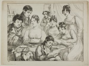 Conversation, une famille dessinant et lisant, la nourrice tenant un nourrisson, un portrait du prince Edmond de Beauvau derrière une chaise, et des portraits de Madame Lavallée et Madame Vallory, toutes deux assises - Dominique Vivant Denon