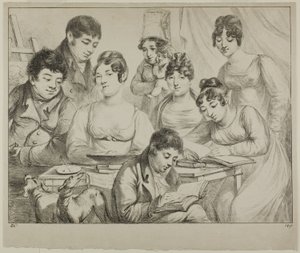 Conversation, une famille dessinant et lisant, la nourrice tenant un nourrisson, un portrait du prince Edmond de Beauvau derrière une chaise, et des portraits de Madame Lavallée et Madame Vallory, toutes deux assises - Dominique Vivant Denon