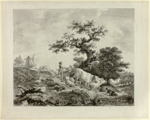 Paysage avec moulin à vent, jeune homme et jeune fille, et deux bœufs