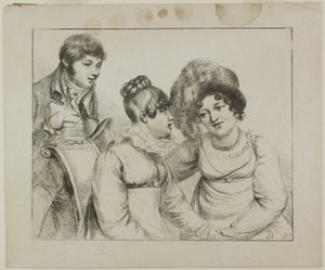 Homme et deux femmes conversant