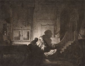 Intérieur : deux femmes et un enfant endormi