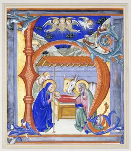 Initiale historiée illuminée "N", représentant une scène de la nativité, 1410