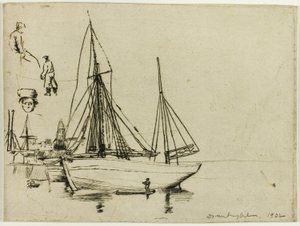 Croquis de bateaux de pêche et de marins