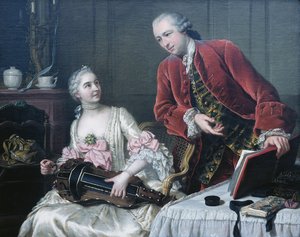 Portrait de Monsieur et Madame de Corcelles jouant de la musique dans un intérieur - Donat Nonotte