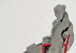 Une femme pensive, chaise rouge