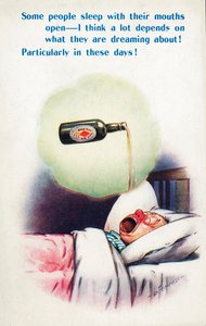 Alcoolisme : homme dormant la bouche ouverte et rêvant de bière (lithographie couleur)