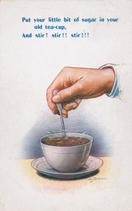 Remuer du sucre dans une tasse à thé (lithographie couleur)