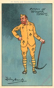 Crime et châtiment : prisonnier tenant une pioche (chromolithographie) - Dudley Hardy