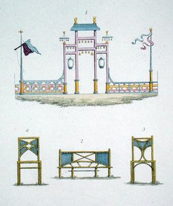 Porte chinoise et sièges de jardin, de 