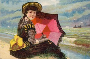 Fille hollandaise, avec parasol, au bord de la mer - Dutch School