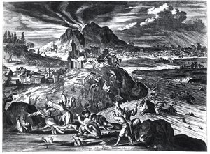 Tremblement de terre à Edo (Tokyo) en 1659, illustration du récit par Arnold Montanus des ambassades envoyées par la Compagnie néerlandaise des Indes orientales à l
