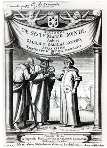 Frontispice du Dialogus De Systemate Mundi par Galilée (1564-1642), publié à Leyde en 1635
