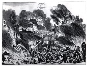 Grand incendie à Yedo (Tokyo) au XVIIe siècle, illustration du récit par Arnold Montanus des ambassades envoyées par la Compagnie néerlandaise des Indes orientales à l