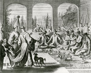 Jésuites avec des marchands néerlandais et portugais à la cour japonaise, vers 1670 (gravure) - Dutch School