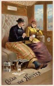Homme offrant du chocolat à une femme dans un train (chromolitho) - Dutch School