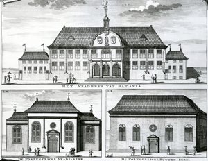 Église portugaise et hôtel de ville à Batavia, 19ème siècle - Dutch School