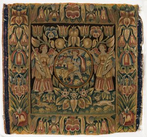 Tapisserie, Samson et le Lion dans un médaillon suspendu par deux anges, fabriquée à Amsterdam, Hollande ou Hambourg, Allemagne, début du XVIIe siècle - Dutch School