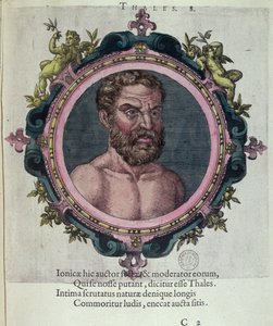 Thalès de Milet (c.625-547 av. J.-C.), illustration de Veterum et Recentium Medicorum Philosophorumque Icones par Johannes Sambucus (1531-1584), publiée par Plantin à Anvers en 1574 (gravure en couleur) - Dutch School