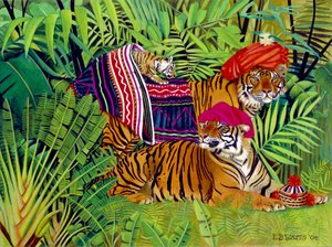 Famille de tigres avec des vêtements thaïlandais, 2004 - E.B. Watts