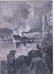 La guerre hispano-américaine : Le naufrage du Merrimac, illustration de l