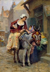 Le petit âne. Une femme chevauchant en amazone sur un âne, les pieds dans une rainure appropriée - E. Dameron
