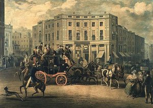 "The Age" Brighton Coach au Bull and Mouth, Regent Circus (gravure) - E. F. Lambert