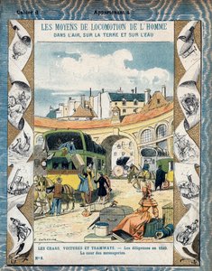 Diligence en 1840 - la cour des messageries - De la couverture protectrice pour livres scolaires, fin XIXe siècle - illustration par E. Letellier - Protège-cahier historique, fin XIXe siècle
