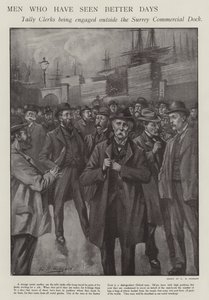 Des hommes qui ont connu des jours meilleurs : des commis aux écritures engagés devant le Surrey Commercial Dock, Londres (lithographie) - E. S. (after) Hodgson
