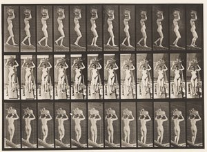Planche 123. Descendre une pente, panier de 20 lb sur la tête, mains levées, 1872-1885 - Eadweard Muybridge