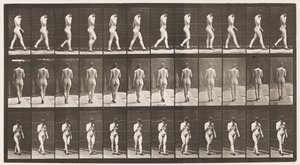 Planche 23. Marche, main droite au menton, chaussures à talons hauts